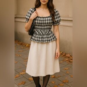 Plaid peplum puff sleeves cotton blouse L fall coquette academia cottagecore